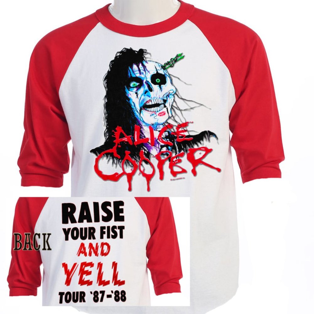 ALICE COOPER, "RAISE YOUR FIST N YELL" RED SLEEVE 2-SIDED CONCERT T-SHIRT J-467
